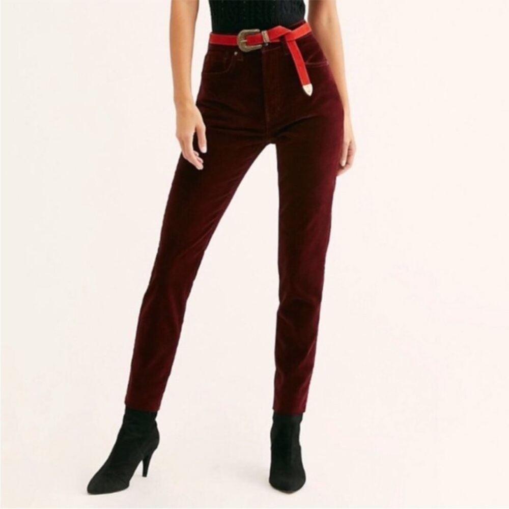 We The Free Jeans Stella Velvet Button Fly Raw Hem Skinny Pants Wine Size 27